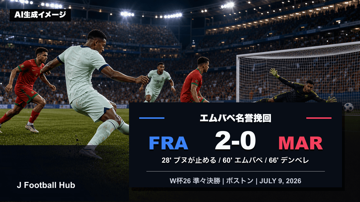 フランスがモロッコを2-0で下したW杯26準々決勝のスコア入り試合レビュー用サムネイル